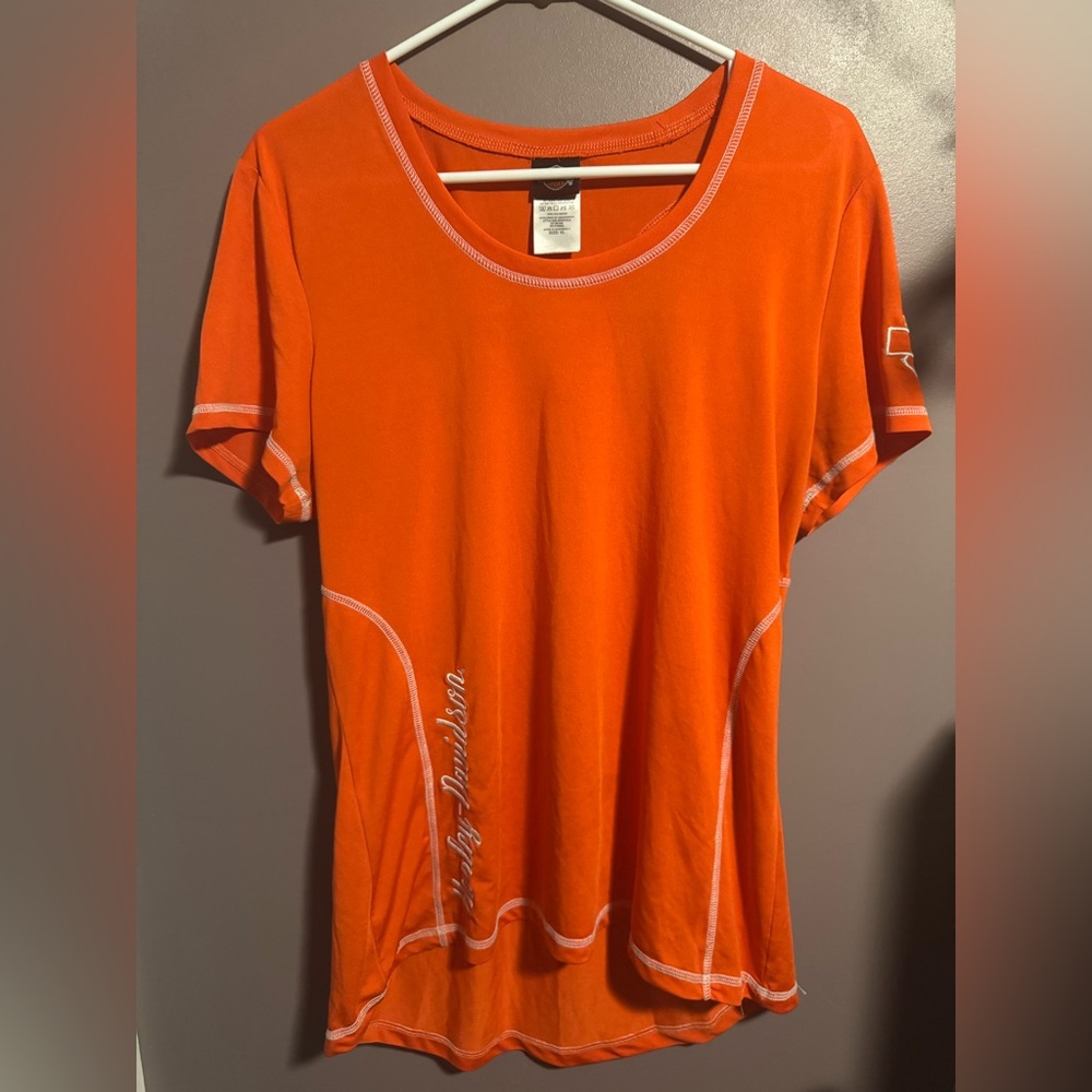 Women’s Orange Harley-Davidson Top Size XL Back Cut Outs High Low Hem